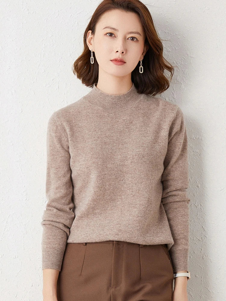 2024 Women Solid Half High Collar Cashmere Sweater Autumn Winter Loose Plus-Size Knitted Wool Casual Sweater Bottoming Shirt