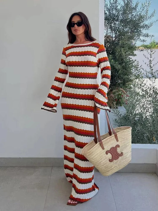 Elegant Hollow Out Knitted Maxi Dress for Women Autumn Fashion Striped Slim Beach Dress Lady Long Sleeve Party Dress 2024