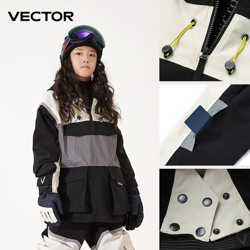 VECTOR Ski Wear Children Hooded Sweater Reflective Boys and Girls Ski Wear Thickened Warmth Waterproof Ski Equipment Ski Jacket