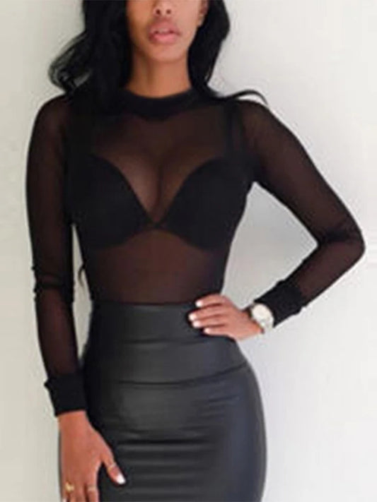 Women Sexy T-Shirt See Through Transparent Mesh Tops Long Sleeve Sheer Slim Ladies Turtleneck Tee