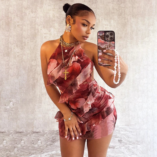 CUTENOVA Floral Printing Ruffles Mini Dress Women Sexy Halter Backless Body-Shaping Vacation Dresses 2024 Summer Holiday Beach