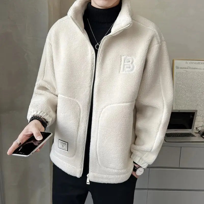 Winter Polar Fleece Male Coat Jacket For Men Solid Color Loose Warm Fashion Streetwear-style Man Luxury Jacket Fleeced Clothing