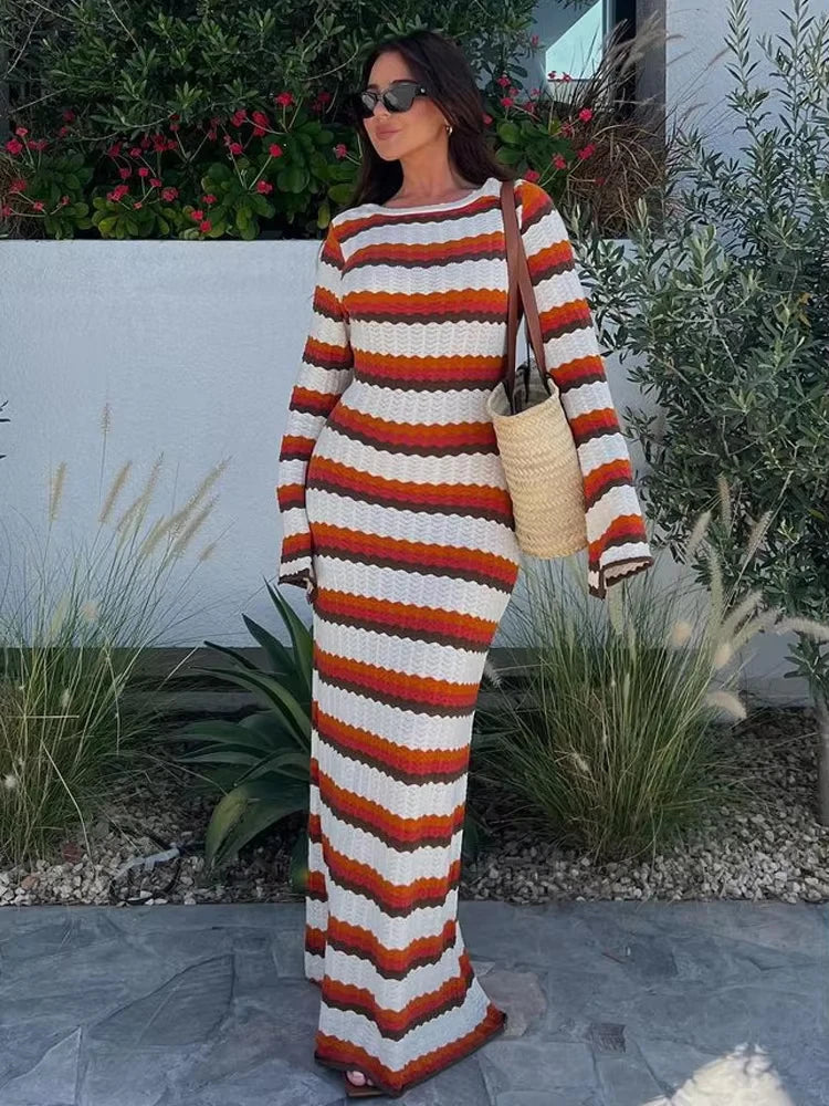 Elegant Hollow Out Knitted Maxi Dress for Women Autumn Fashion Striped Slim Beach Dress Lady Long Sleeve Party Dress 2024