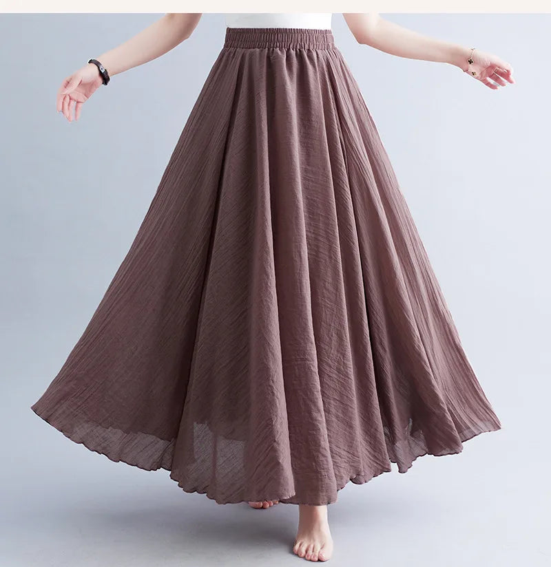 28-Color Mori Girl Literary Cotton Linen Dress Elastic Waist A-line Expansion Skirt Solid Color Ethnic Style Women Long Skirts