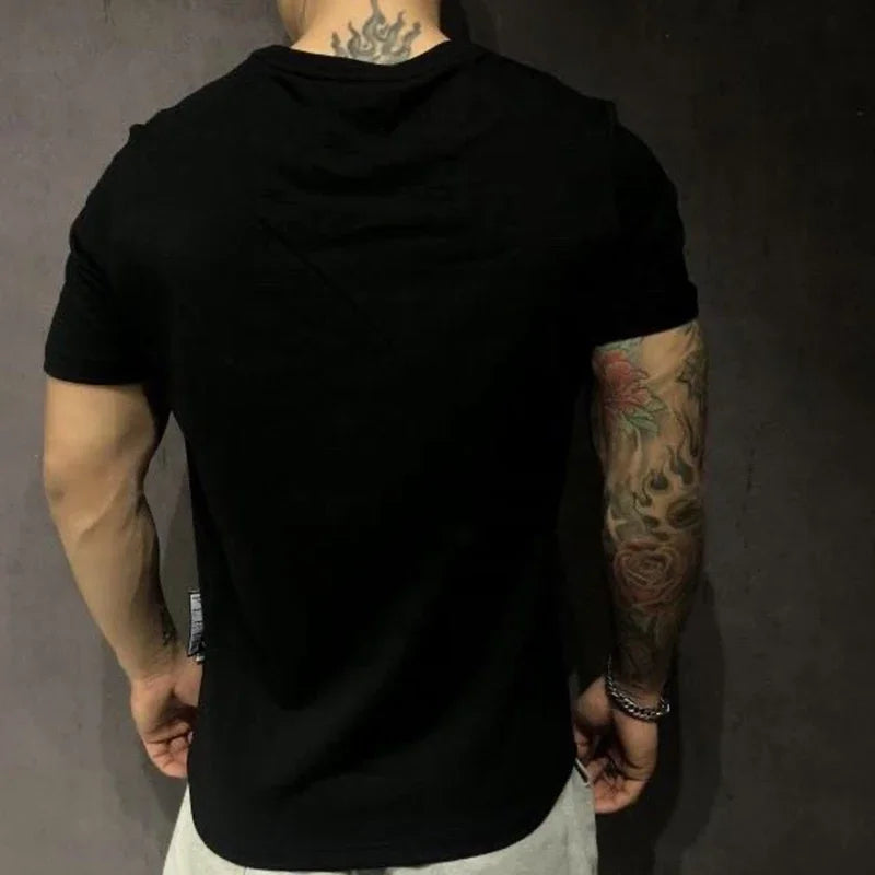 2024 Men's T-shirt Quality Mercerized Cotton V-shaped Pattern Rhinestone New Street Fashion Style Short-sleeve Male Top Clothes