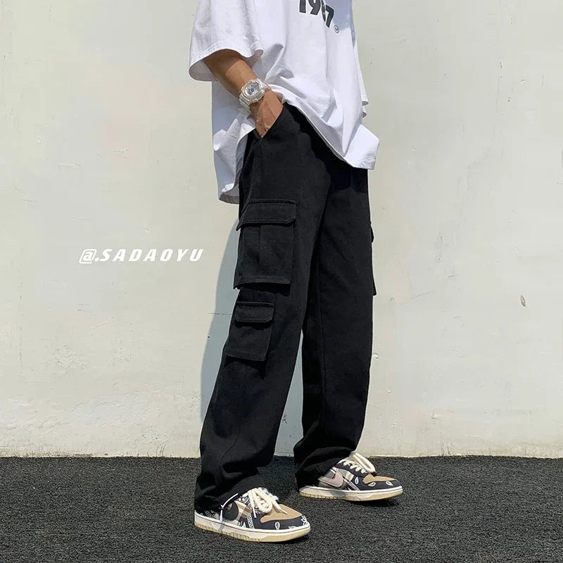 Black/white Casual Pants Men's Fashion Loose Straight Wide Leg Pants Men Streetwear Hip-hop Pocket Cargo Pants Mens Trousers