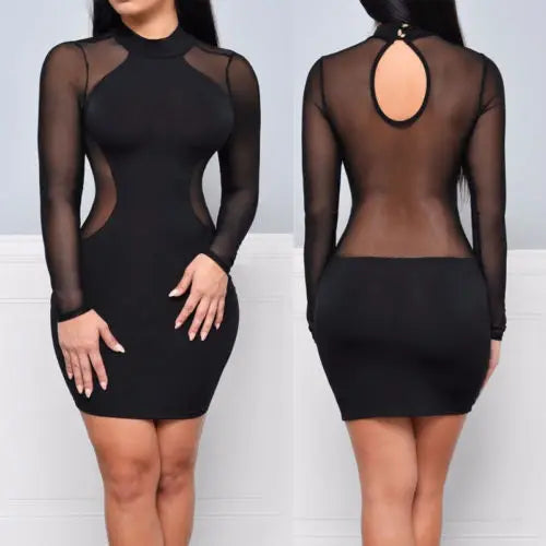 Women Sexy Bodycon Dress Evening Party Cocktail Dress Transparent Long Sleeve Clubwear Dress