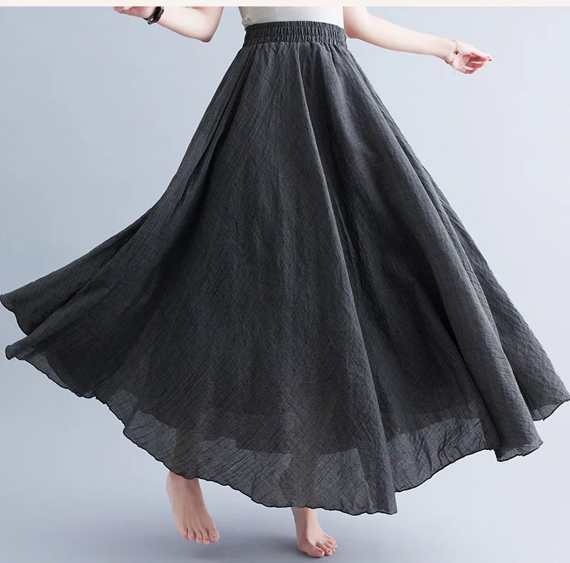 28-Color Mori Girl Literary Cotton Linen Dress Elastic Waist A-line Expansion Skirt Solid Color Ethnic Style Women Long Skirts