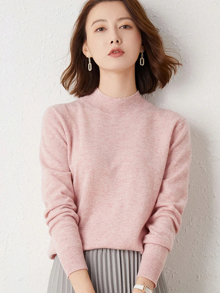 2024 Women Solid Half High Collar Cashmere Sweater Autumn Winter Loose Plus-Size Knitted Wool Casual Sweater Bottoming Shirt