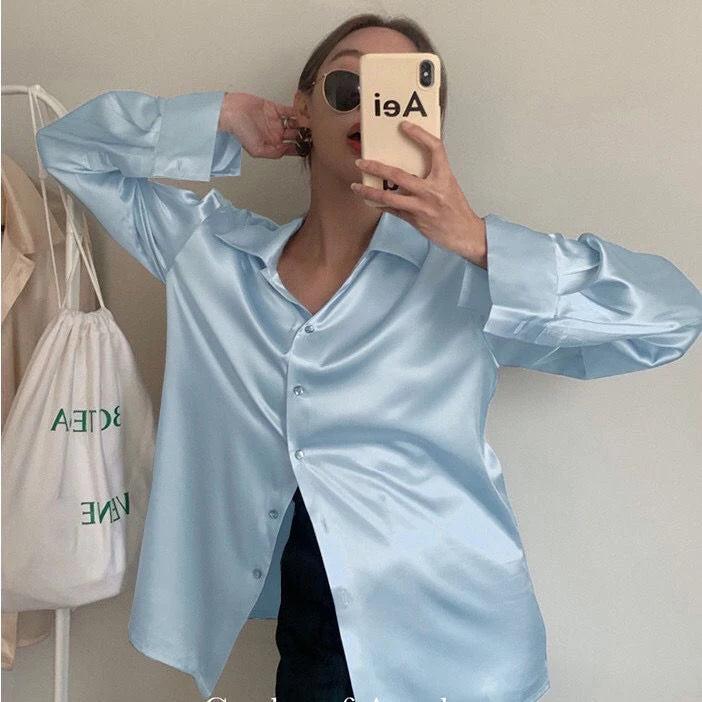 2024 Summer Trend Fashion Women's Casual Elegant Satin Long Sleeved Shirt Office Women's Shirts And Blouses Slim Femal Clothes