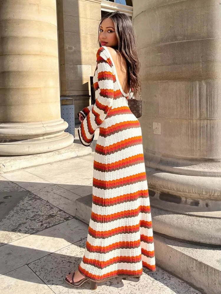 Elegant Hollow Out Knitted Maxi Dress for Women Autumn Fashion Striped Slim Beach Dress Lady Long Sleeve Party Dress 2024