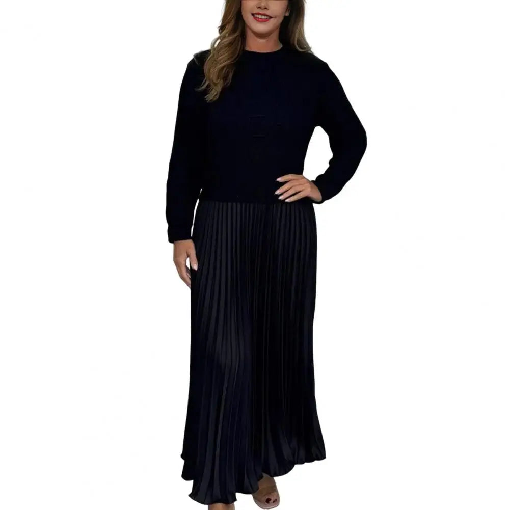 Autumn Winter Women Dress Knitted Sweater Fake Two-piece Pleated Skirt Patchwork Long Sleeve Round Neck A-line Maxi Dress