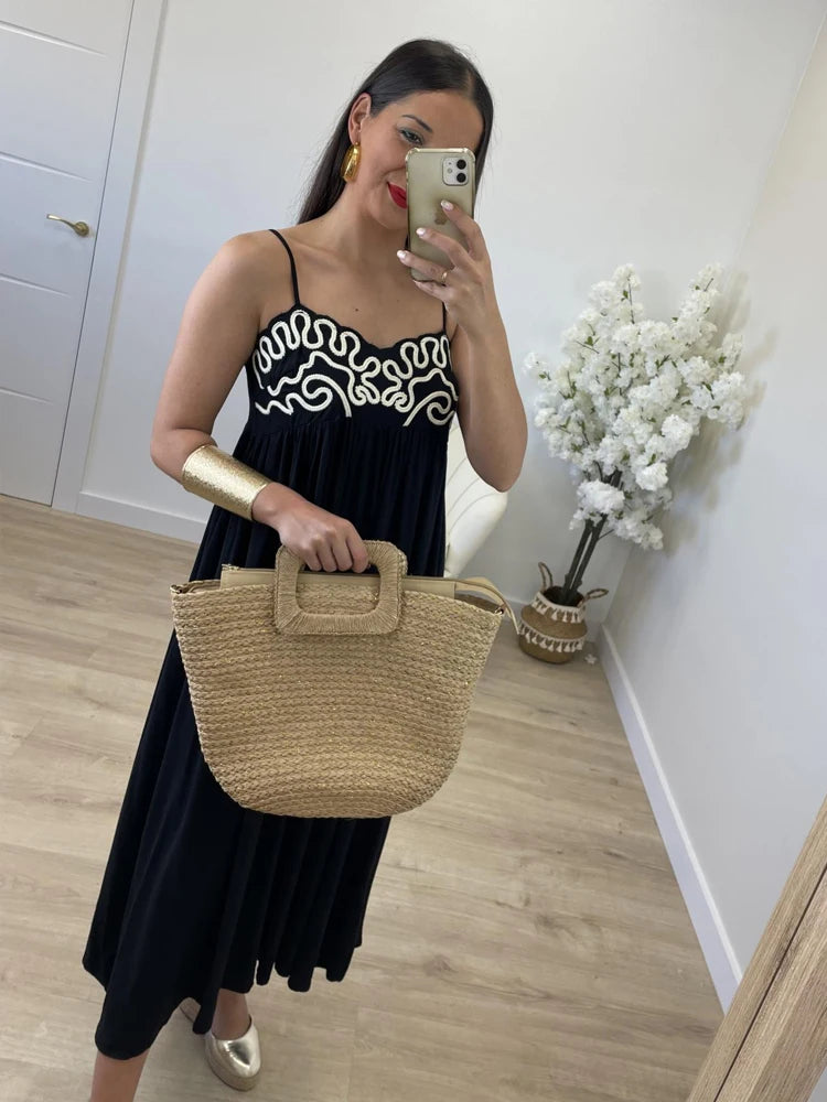 Fashion Embroidery Sling Long Dress Women 2024 Elegant V-Neck Sleeveless Backless Pleated Midi Dress Summer Vacation Beach Robes