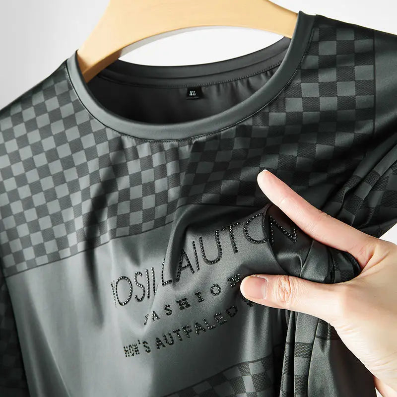 Trend Luxury Versatile Summer Men's Ice Silk O-Neck Printing Lattice Diamonds Fashion Casual Loose Short Sleeve T-Shirts Tops