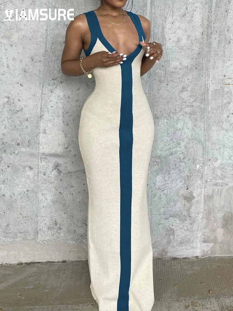 IAMSURE Holiday Sexy Contrast Color Striped Long Dress Slim Skinny V-Neck Sleeveless Maxi Dresses For Women 2023 Summer Fashion