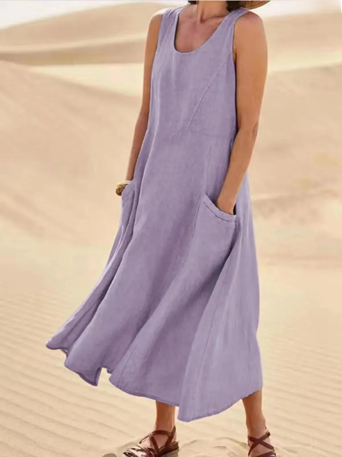 2023 Summer Casual Loose-fit Women's Dress Sleeveless Solid Color Round Neck Long Cotton Linen Dress Imported Europe America