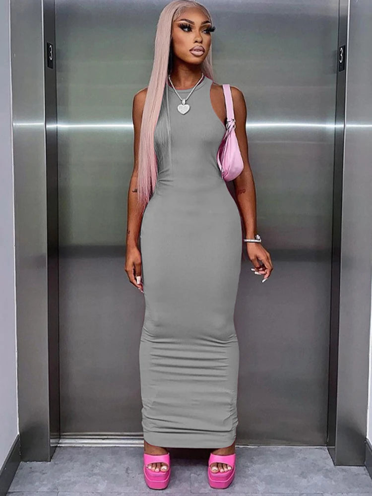 Hugcitar Ribbed Sexy Y2K Clothes Sleeveless Bodycon Maxi Dresses For Women Club Birthday Party Streetwear Elegant Outfits