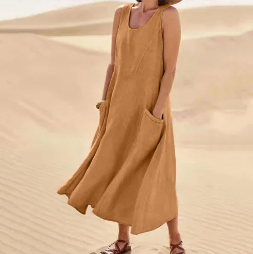 2023 Summer Casual Loose-fit Women's Dress Sleeveless Solid Color Round Neck Long Cotton Linen Dress Imported Europe America