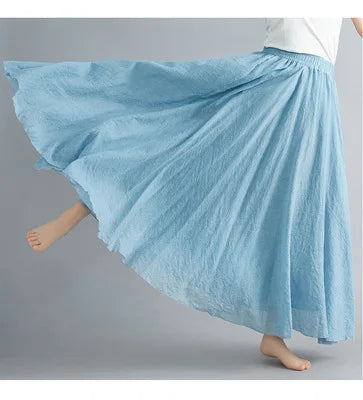 28-Color Mori Girl Literary Cotton Linen Dress Elastic Waist A-line Expansion Skirt Solid Color Ethnic Style Women Long Skirts