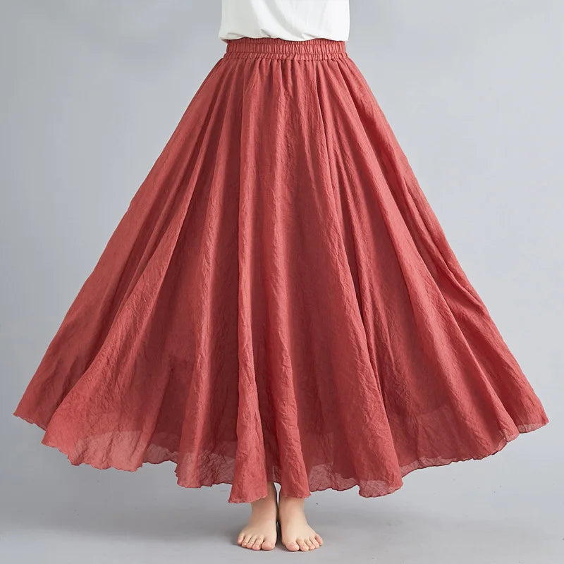 28-Color Mori Girl Literary Cotton Linen Dress Elastic Waist A-line Expansion Skirt Solid Color Ethnic Style Women Long Skirts