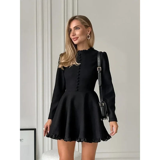 Elegant Round Neck Long Sleeve Black Dress Mini Dress For Women Fashionable Autumn/winter Style Cross-border Waist Flower Edge