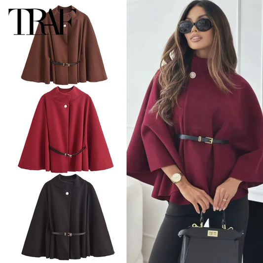 TRAF Cloak Cropped Jacket 2024 Women's Jacket Red Brown Black Bat Sleeve Coat New In Coats & Jackets Elegant Cape Belt Outerwear