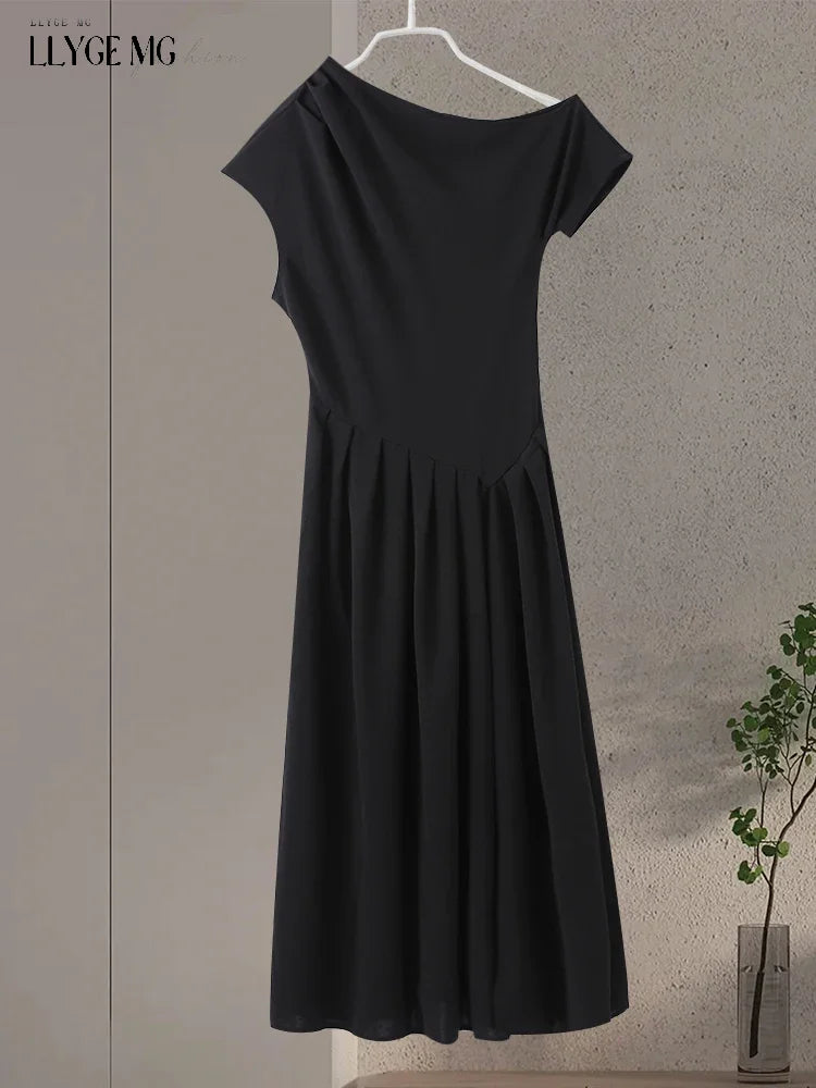 Elegant Long Dress Women Casual Diagonal Collar Slim Spring Summer A Line Robe Lady Fashion Chic High Waist Solid Dresses Female