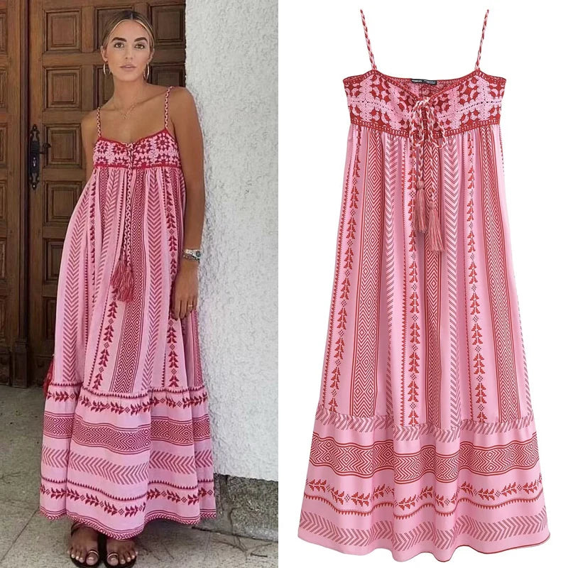 HXAO Print Long Dresses Women's Dress Embroidered Sleeveless Backless Dress Summer Midi Loose Lace-Up Slip Dresses Beach Dress