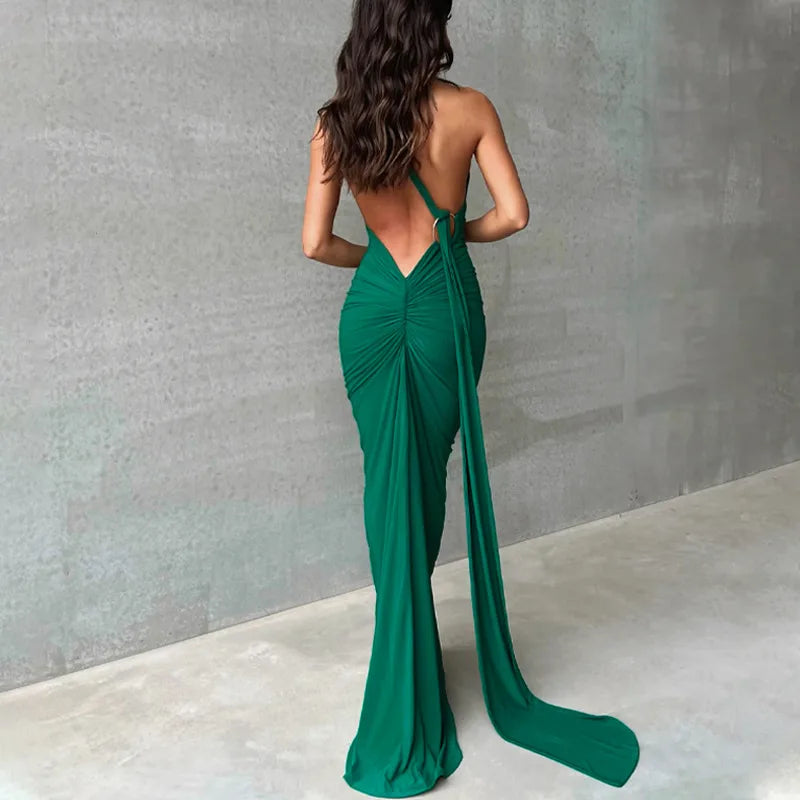 Hugcitar One Shoulder Backless Adjustable Scarf Loop Ruched Sexy Maxi Dress 2024 Women Elegant Y2K Streetwear Festival Outfit