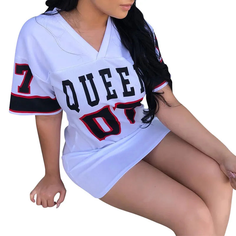 2024 New Fashion V-Neck Queen Letters Print Dress Short Sleeve Basketball Sporty Style Sexy Loose Female Clothing Streetwear