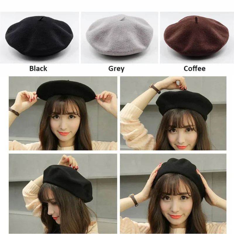 Vintage French Beret Cap for Women Autumn Winter Outdoor Berets Street Style Plain Cap Wool Warm Femme Girl's Beanie Hat Caps