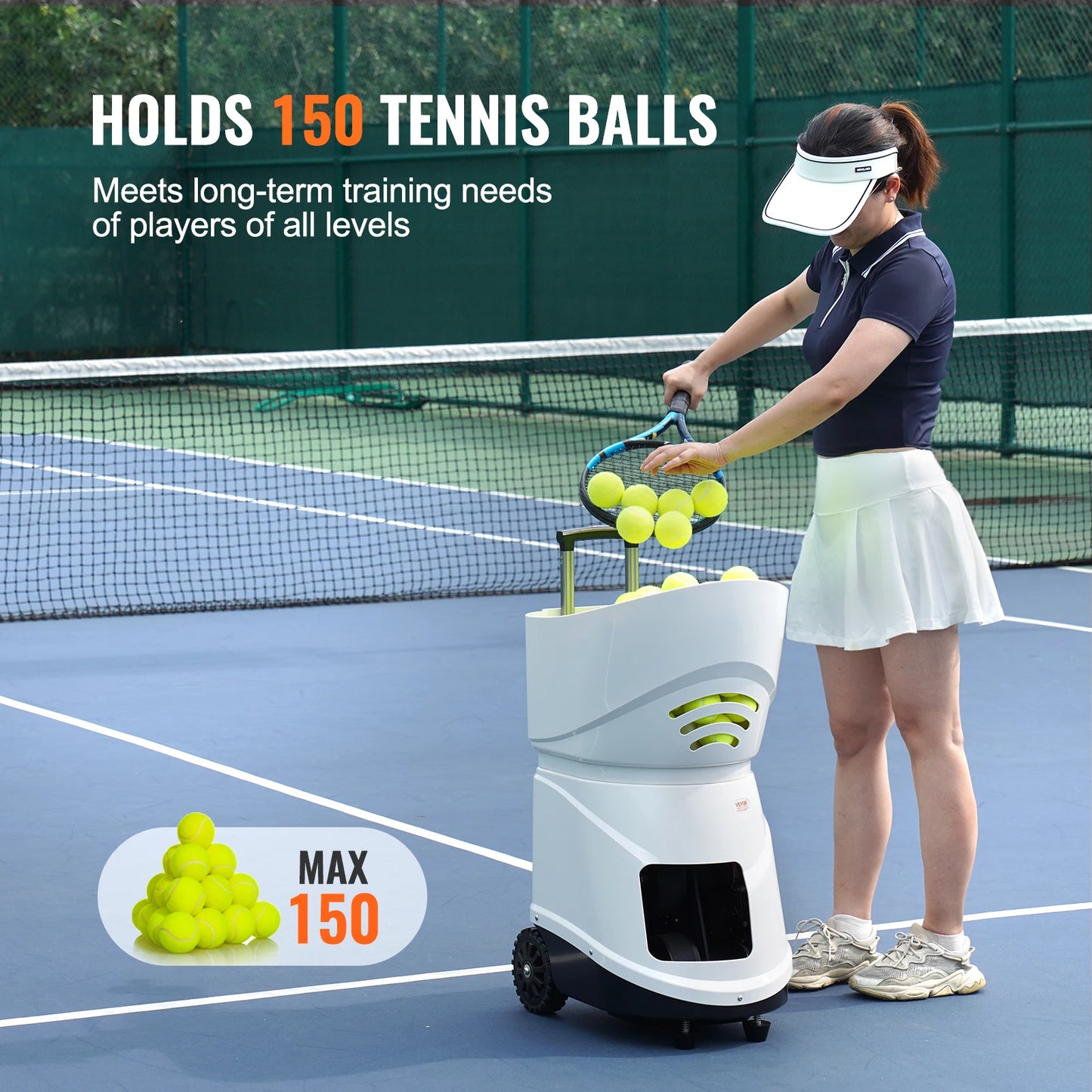 VEVOR Tennis Ball Machine Automatic Portable Tennis Ball Launcher 150Thrower 5Motors Multi-Mode 2+ Hours Play App Remote Control