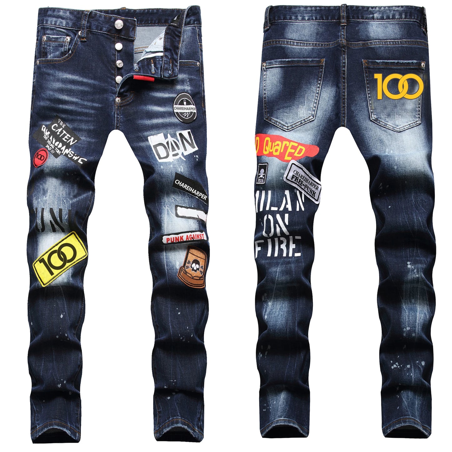 chareiharper 100 089 plus sizeJeans fashion brand printed men's jeans trend slim slim feet mid-waist pants men