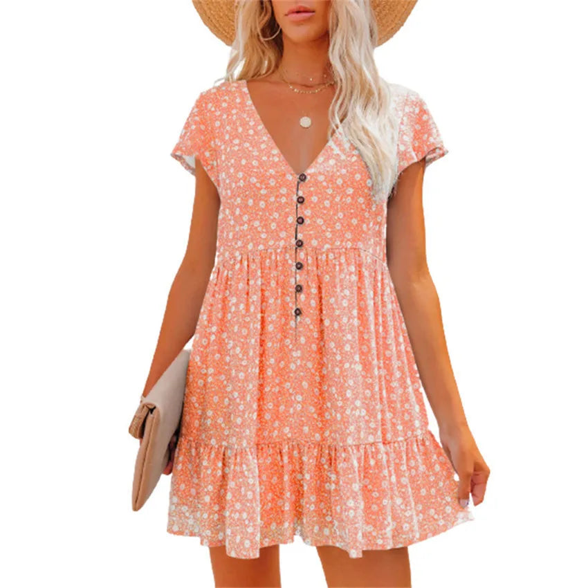 Women's Summer Sun Dresses Floral Full Print Button Up Dress Women Beach Dress V-neck Casual Loose Dress Women's Summer Clothing