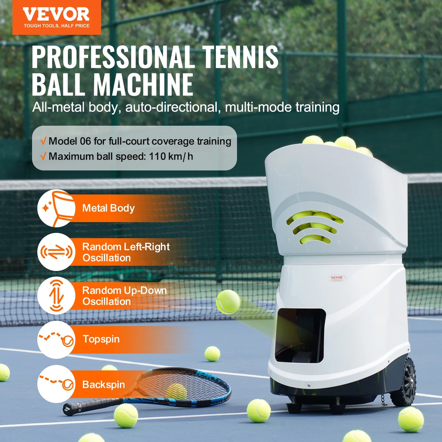 VEVOR Tennis Ball Machine Automatic Portable Tennis Ball Launcher 150Thrower 5Motors Multi-Mode 2+ Hours Play App Remote Control