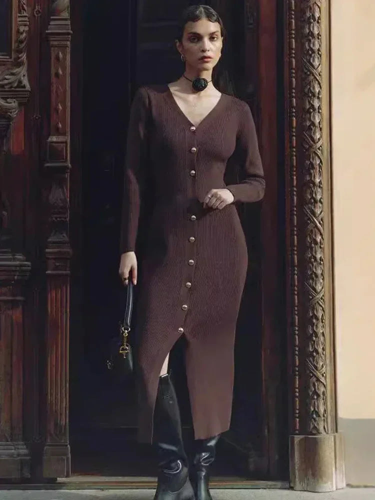 Trendix Elegant Evening Dress Women V Neck Long Sleeve Patchwork Button Slit Sweater Dresses 2024 Autumn Winter Knit Maxi Dress