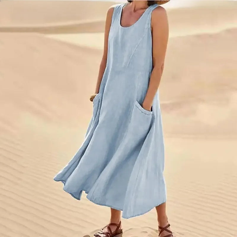 2023 Summer Casual Loose-fit Women's Dress Sleeveless Solid Color Round Neck Long Cotton Linen Dress Imported Europe America