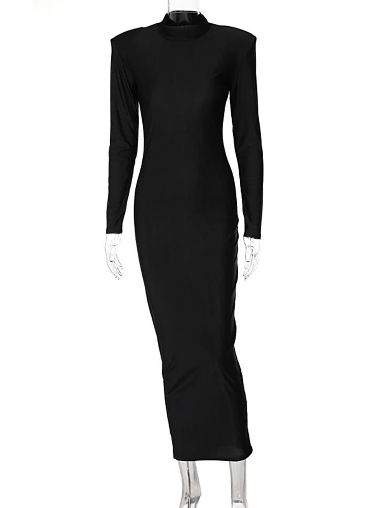 Hugcitar Solid Long Sleeve With Shoulder Pads Turtleneck Maxi Dress 2024 New Year Women Fashion Streetwear Elegant Skinny