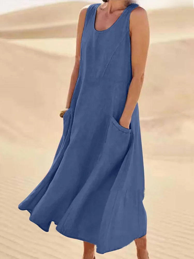 2023 Summer Casual Loose-fit Women's Dress Sleeveless Solid Color Round Neck Long Cotton Linen Dress Imported Europe America