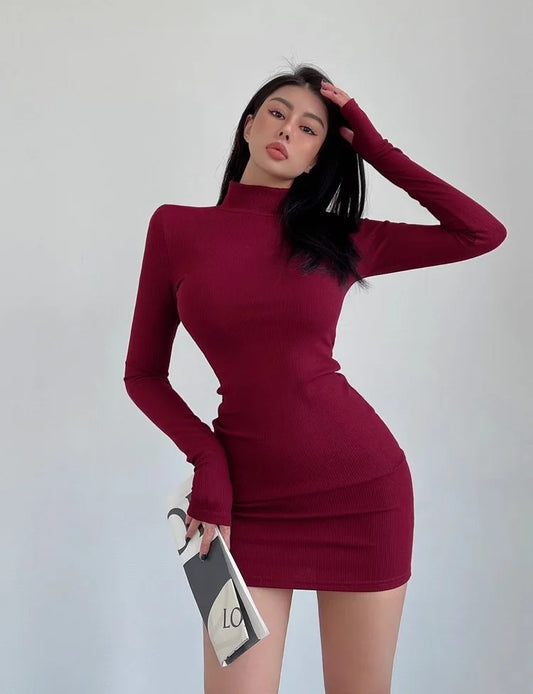 Autumn Winter Sexy High-crotch Slim Fit Long Sleeve Base Layer Dress Women Short Skirt Polyester Fabric Loose Waist