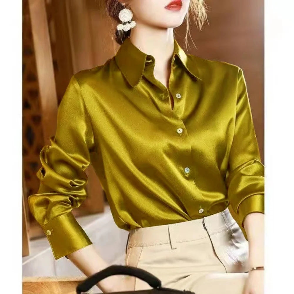 2024 Summer Trend Fashion Women's Casual Elegant Satin Long Sleeved Shirt Office Women's Shirts And Blouses Slim Femal Clothes