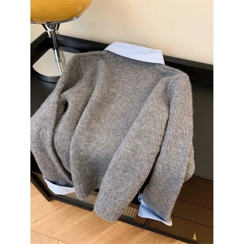 Fake Two shirts Collar Sweater Women's Autumn Outfit New Lazy Linterior Contrasting Color Gray Knit Sweater Top With Flip Collar