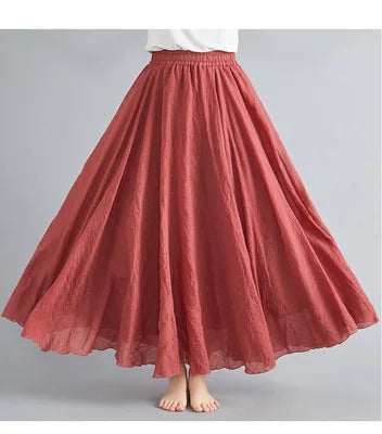 28-Color Mori Girl Literary Cotton Linen Dress Elastic Waist A-line Expansion Skirt Solid Color Ethnic Style Women Long Skirts