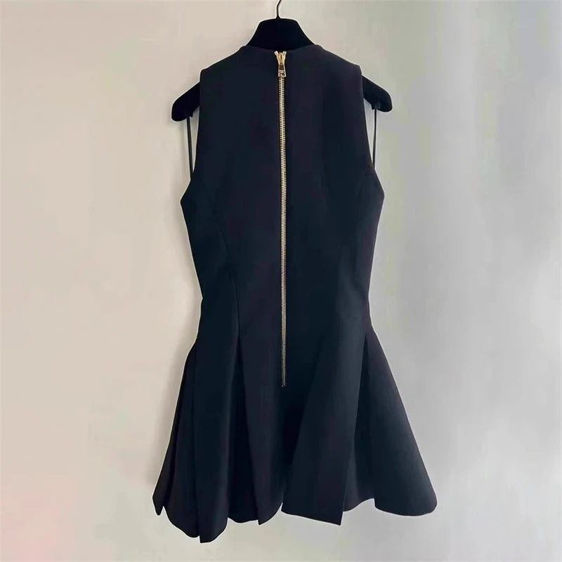 y2k summer new women's V-neck metal double-breasted sleeveless dress 2024 high quality fashion retro casual A-line mini skirt