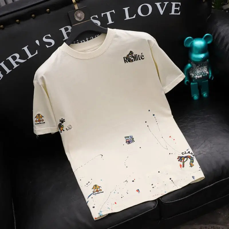 Y2K Men Techwear Splash-ink Embroidery Printed Short Sleeve Tshirt Summer New Fashion Mens Luxury Cotton Short Sleeve T Shirts