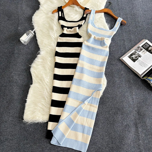 2024 Stripe Summer Elastic Split Bodycon Dress Sexy Beach Vacation Sundress Women Casual Slim Pencil Vestidos Maxi Long Dress