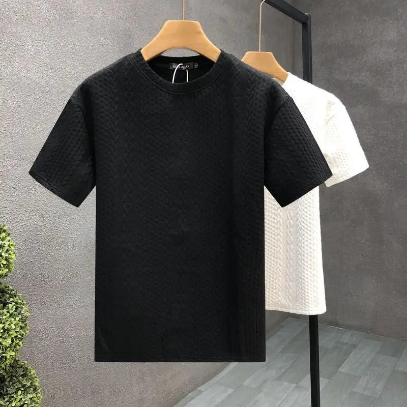 2024 New Summer Retro Korean Style Striped Knitting Solid Color T-shirts for Men Handsome O Neck Short Sleeve Chiffon Y2K Tops