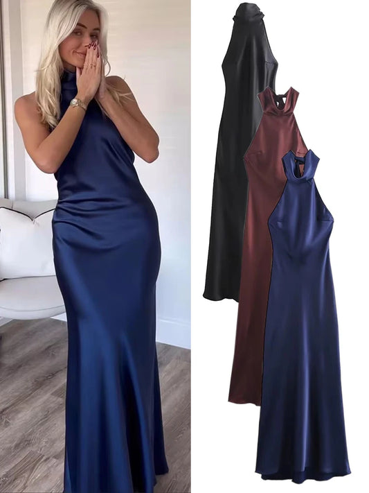 TRAF  2024 New Female Dress Solid Sleeveless Backless Slim Zipper Summer Long Dresses Chic Elegant Woman Halter Neck Dress