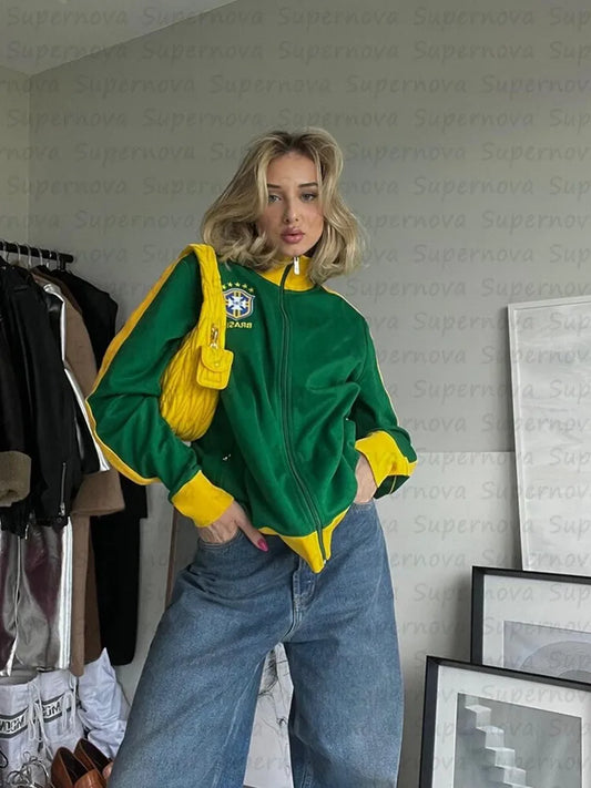 Brazil Aesthetic Zip Up Hoodies 2000s Retro Grunge Mall Goth Jacket Coat Y2K  Vintage Slim Sweatshirts Letter Embroidery Graphic