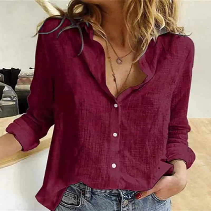 Elegant Cotton Linen Shirts Women Casual Solid Button Lapel Blouses Shirts Autumn Winter Long Sleeve Loose Tops Tunic Blusas